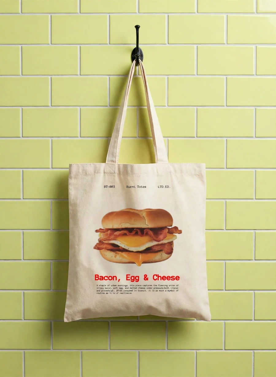B.E.C. + Catalog Description tote hanging on a hook