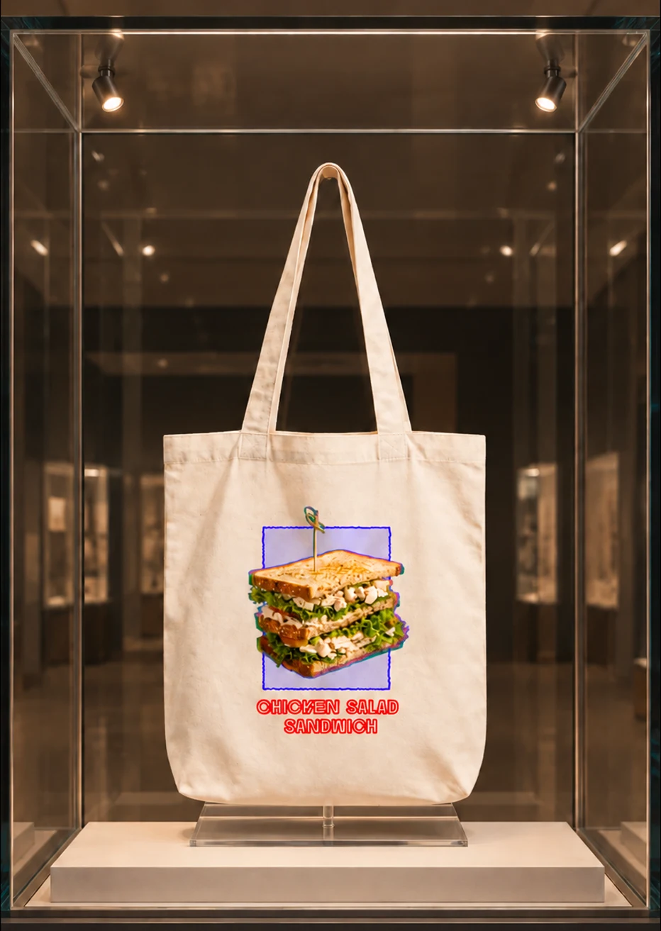 Chicken Salad Sandwich tote displayed in a museum case