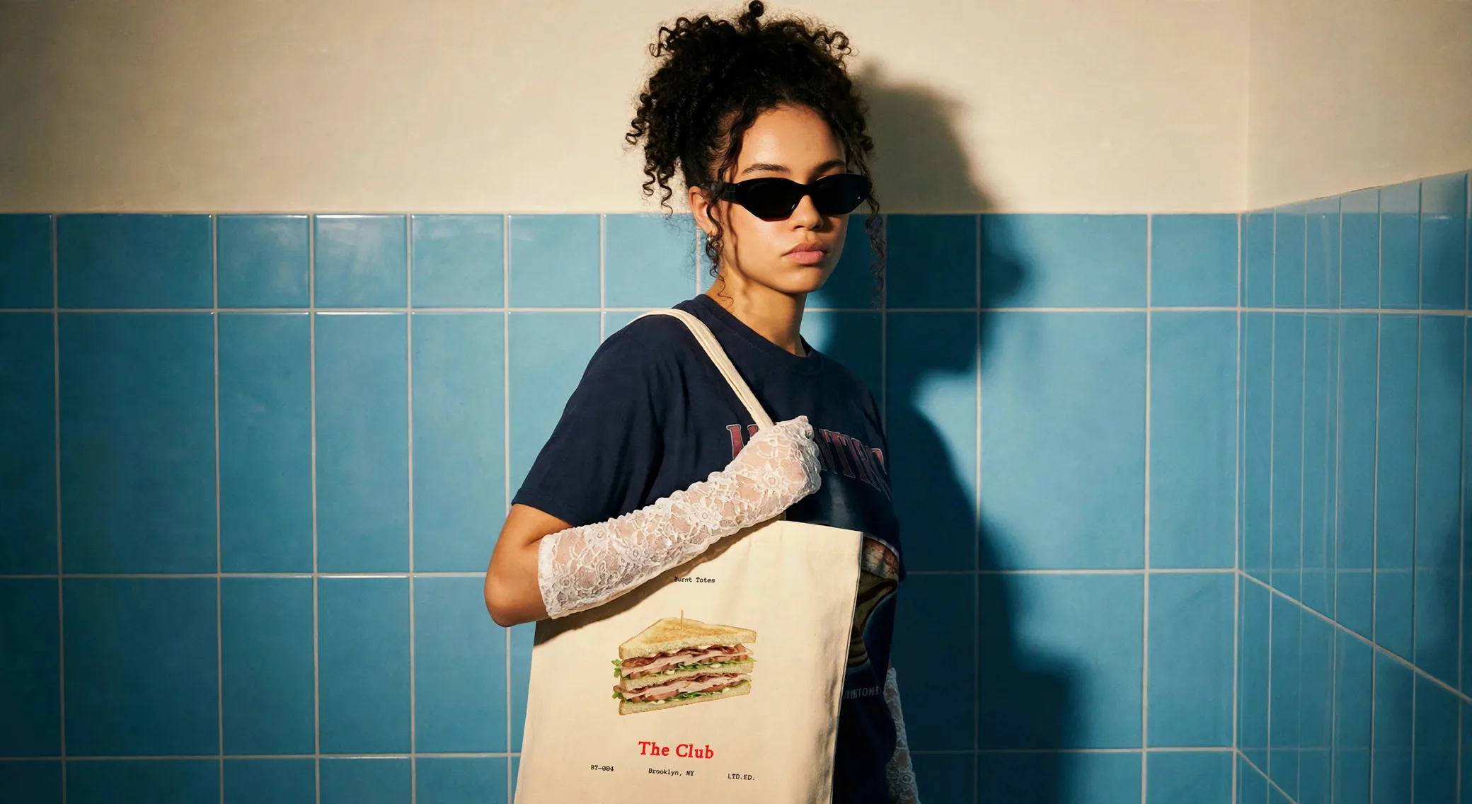 The Club tote worn on shoulder