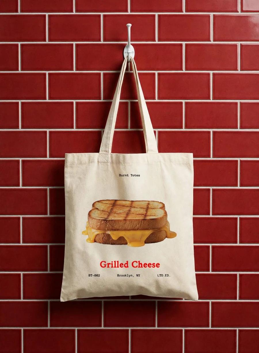 Grilled Cheese tote hanging on a hook